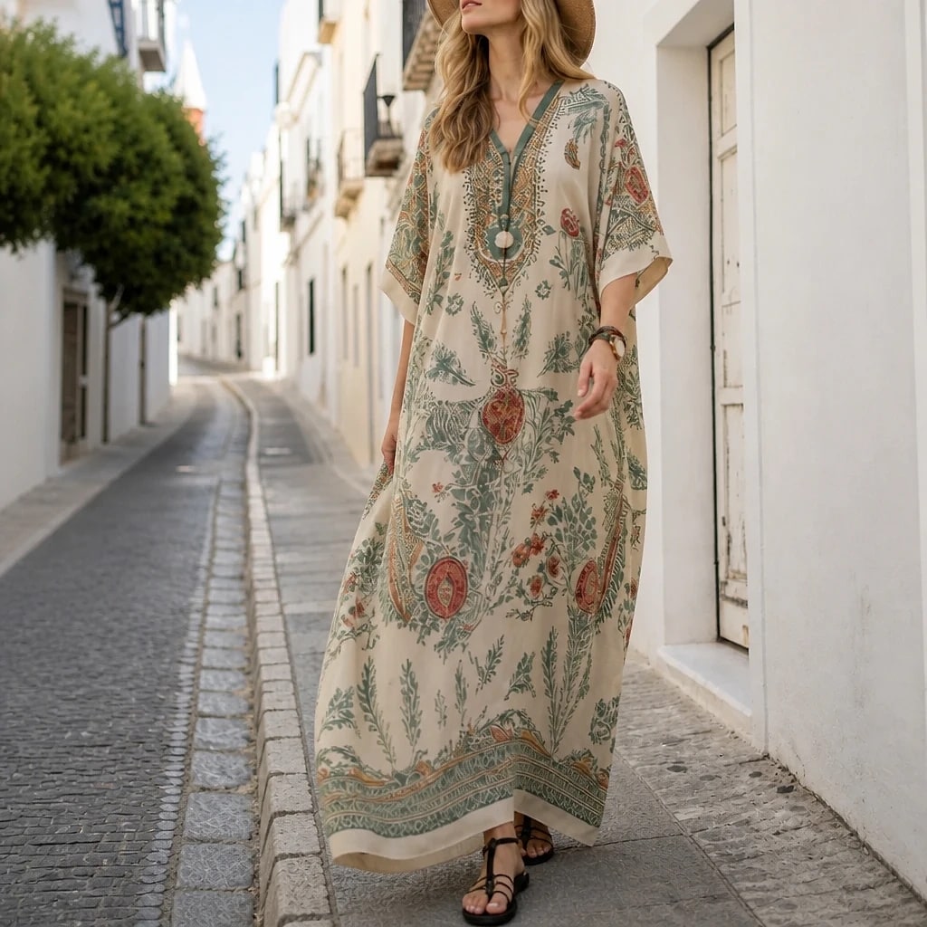 Robe Caftan Bohème Col V Femme