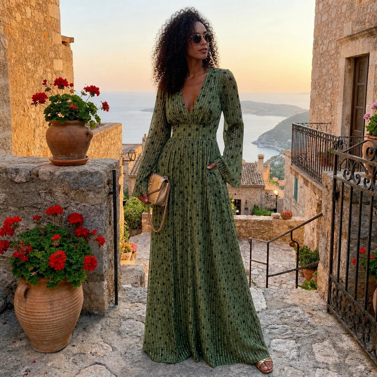 Robe Plissée Paillettes Col V