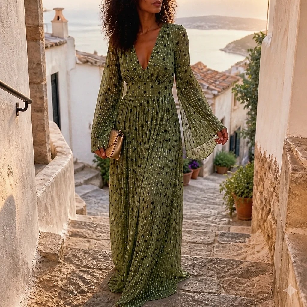 Robe Plissée Paillettes Col V
