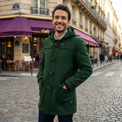 Manteau Long Homme Laine Boutons Corne Capuche